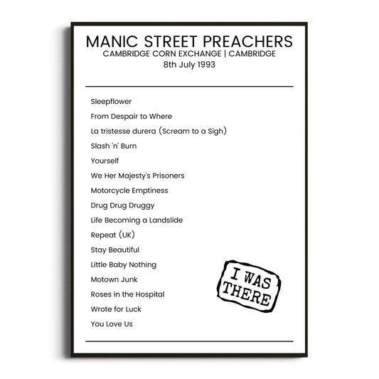 Manic Street Preachers Cambridge 08 July 1993 Setlist Poster