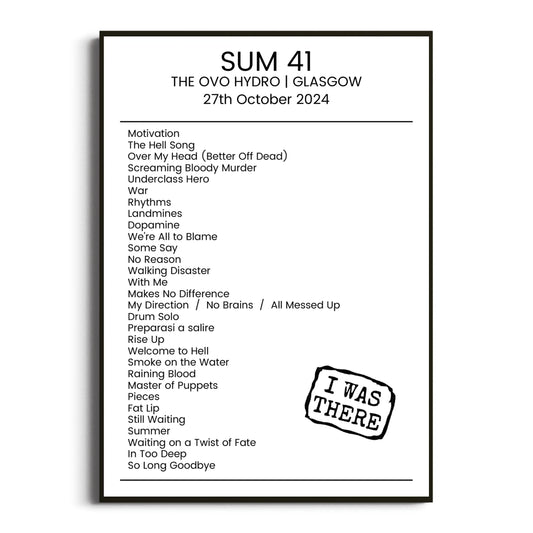 Sum 41 Glasgow 27 October 2024 Setlist Poster