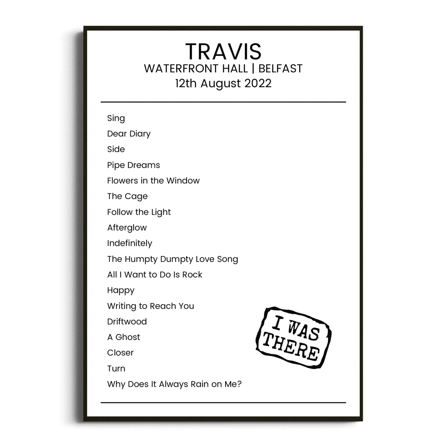 Travis Belfast 12 August 2022 Setlist Poster