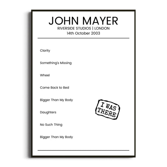 John Mayer London 14 October 2003 Setlist Poster