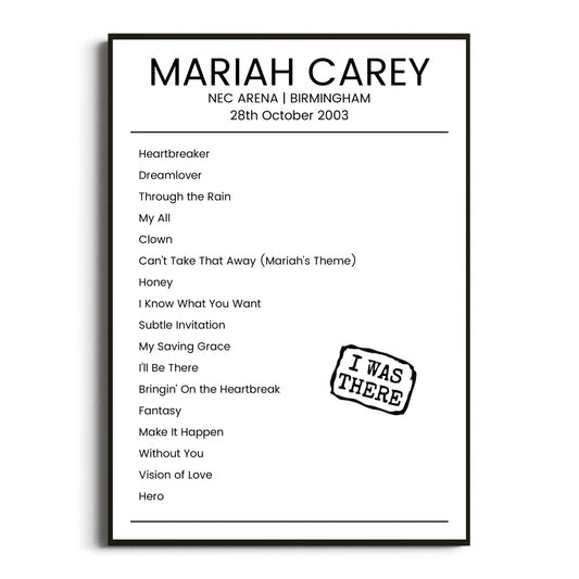 Mariah Carey Birmingham 28 October 2003 Setlist Poster