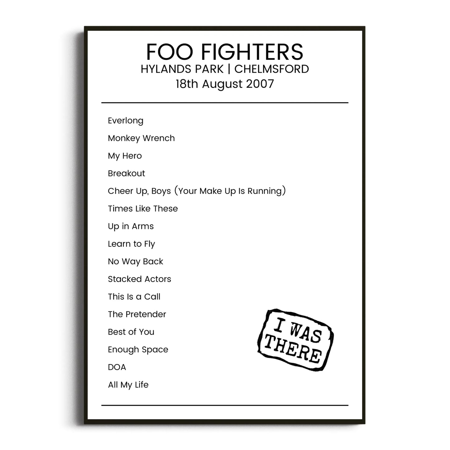 Foo Fighters Chelmsford 18 August 2007 Setlist Poster