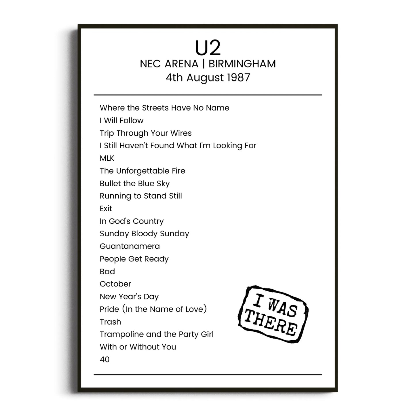 U2 Birmingham 04 August 1987 Setlist Poster