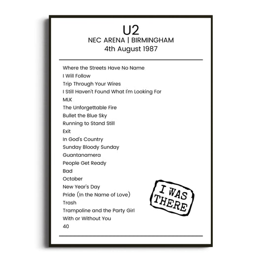 U2 Birmingham 04 August 1987 Setlist Poster