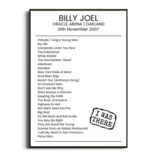 Billy Joel Oakland 10 November 2007 Setlist Poster