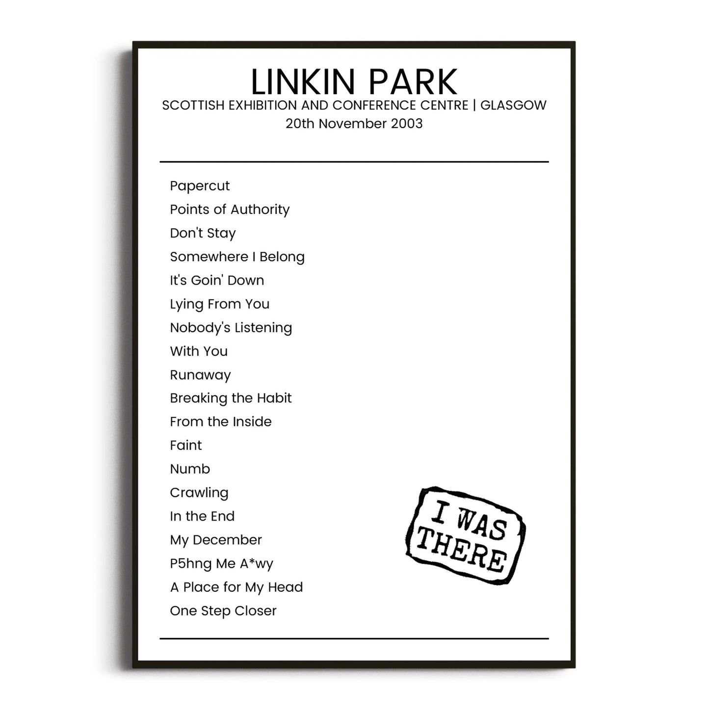 Linkin Park Glasgow 20 November 2003 Setlist Poster