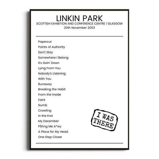 Linkin Park Glasgow 20 November 2003 Setlist Poster