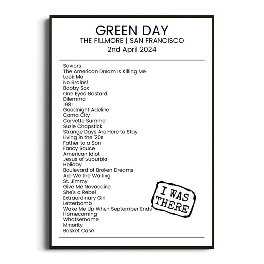 Green Day San Francisco 02 April 2024 Setlist Poster