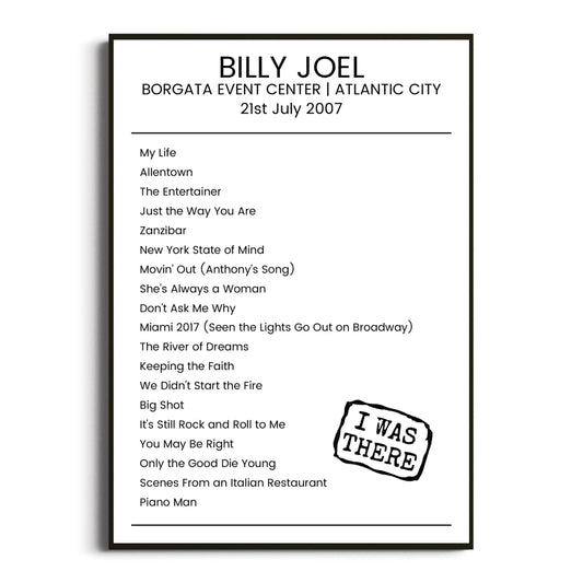 Billy Joel Atlantic City 21 July 2007 Setlist Poster