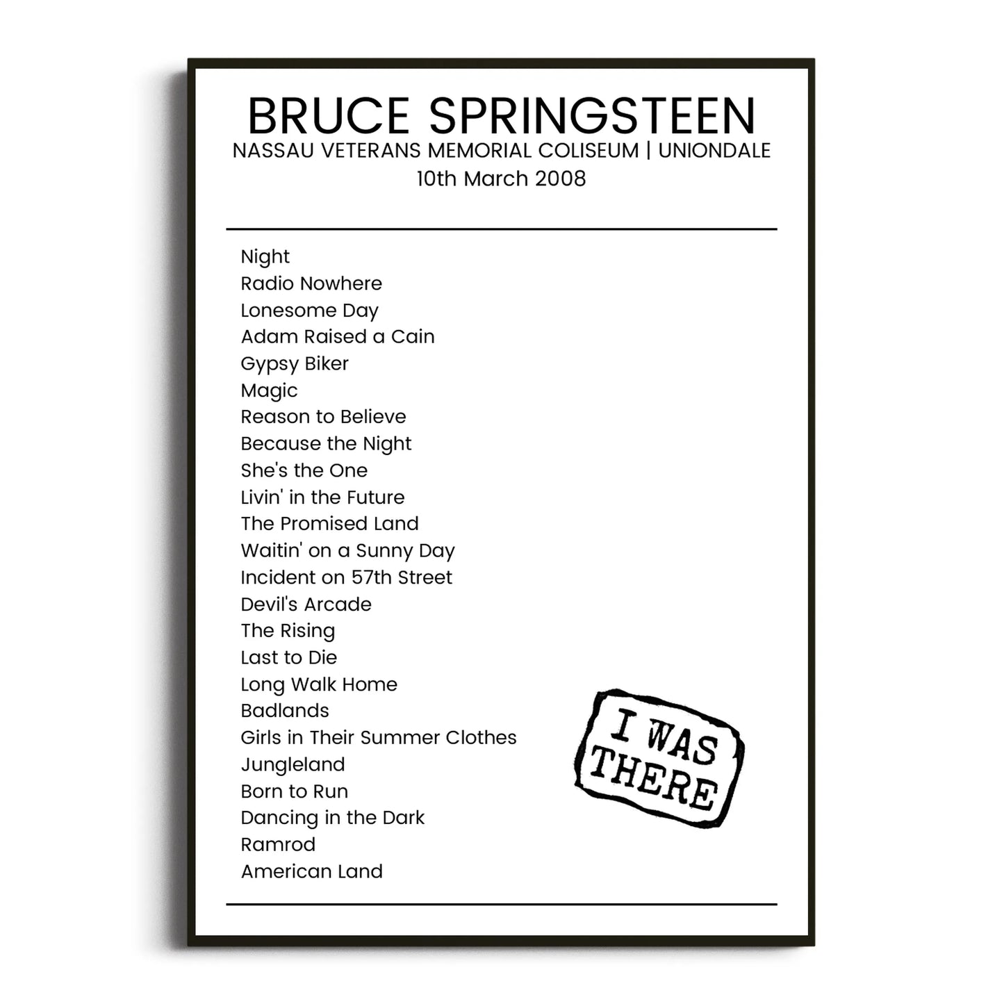 Bruce Springsteen Uniondale 10 March 2008 Setlist Poster