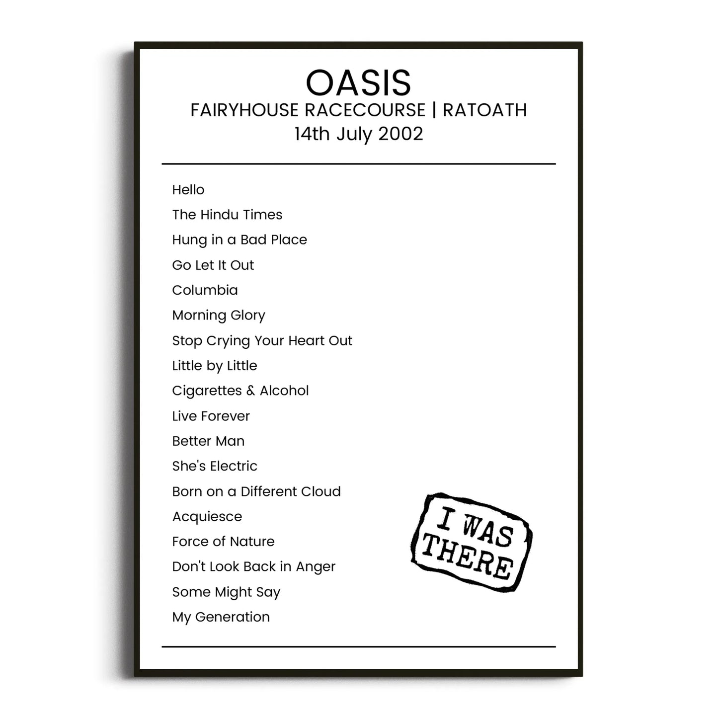 Oasis Ratoath 14 July 2002 Setlist Poster