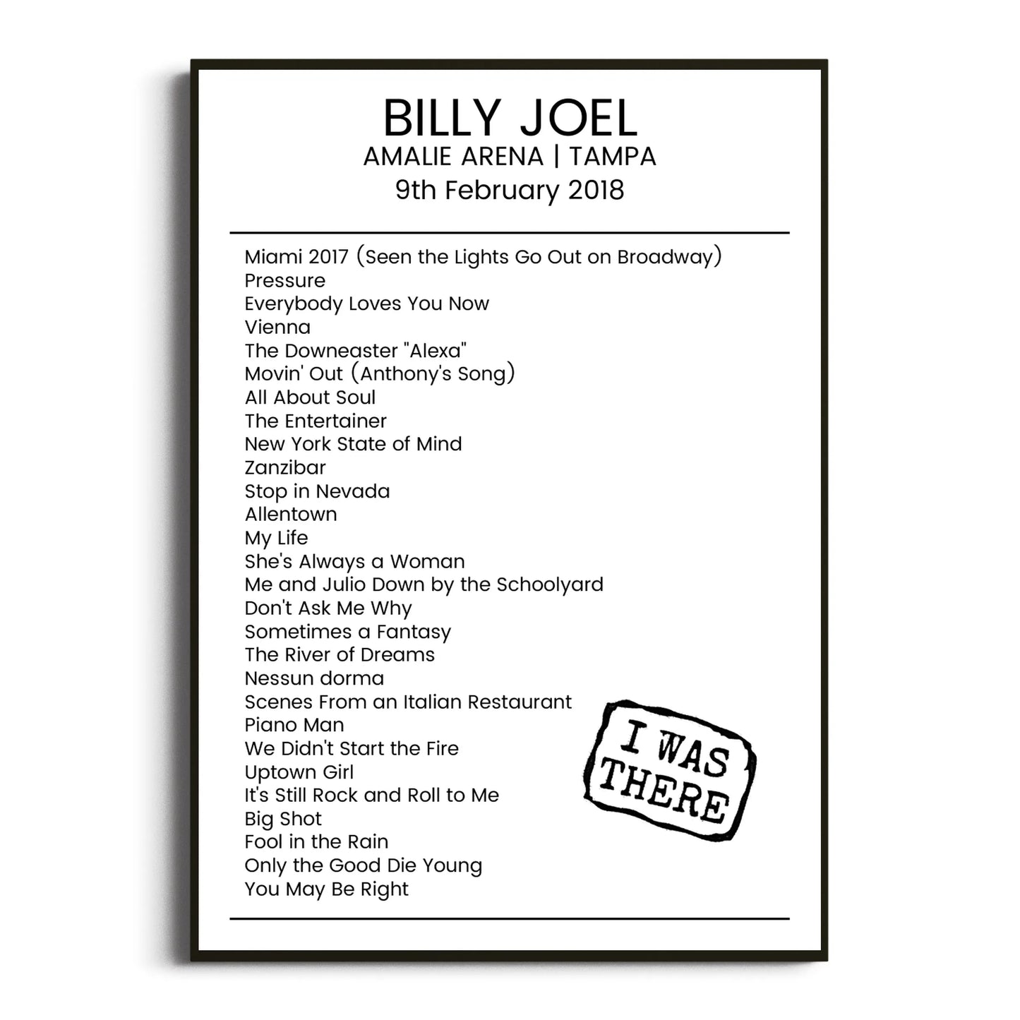 Billy Joel Tampa 09 February 2018 Setlist Poster