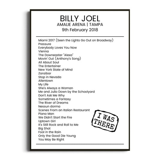 Billy Joel Tampa 09 February 2018 Setlist Poster