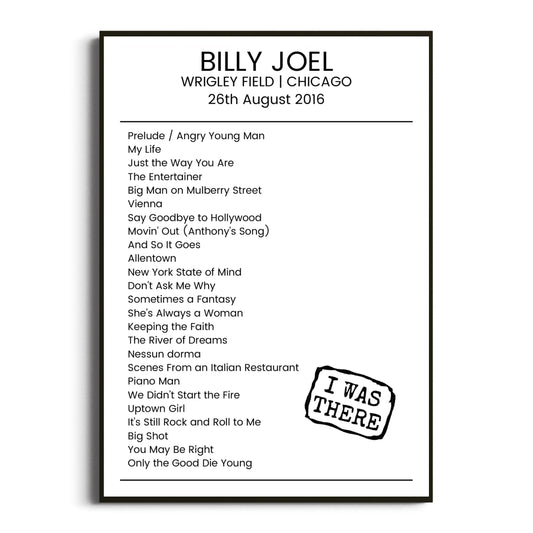 Billy Joel Chicago 26 August 2016 Setlist Poster