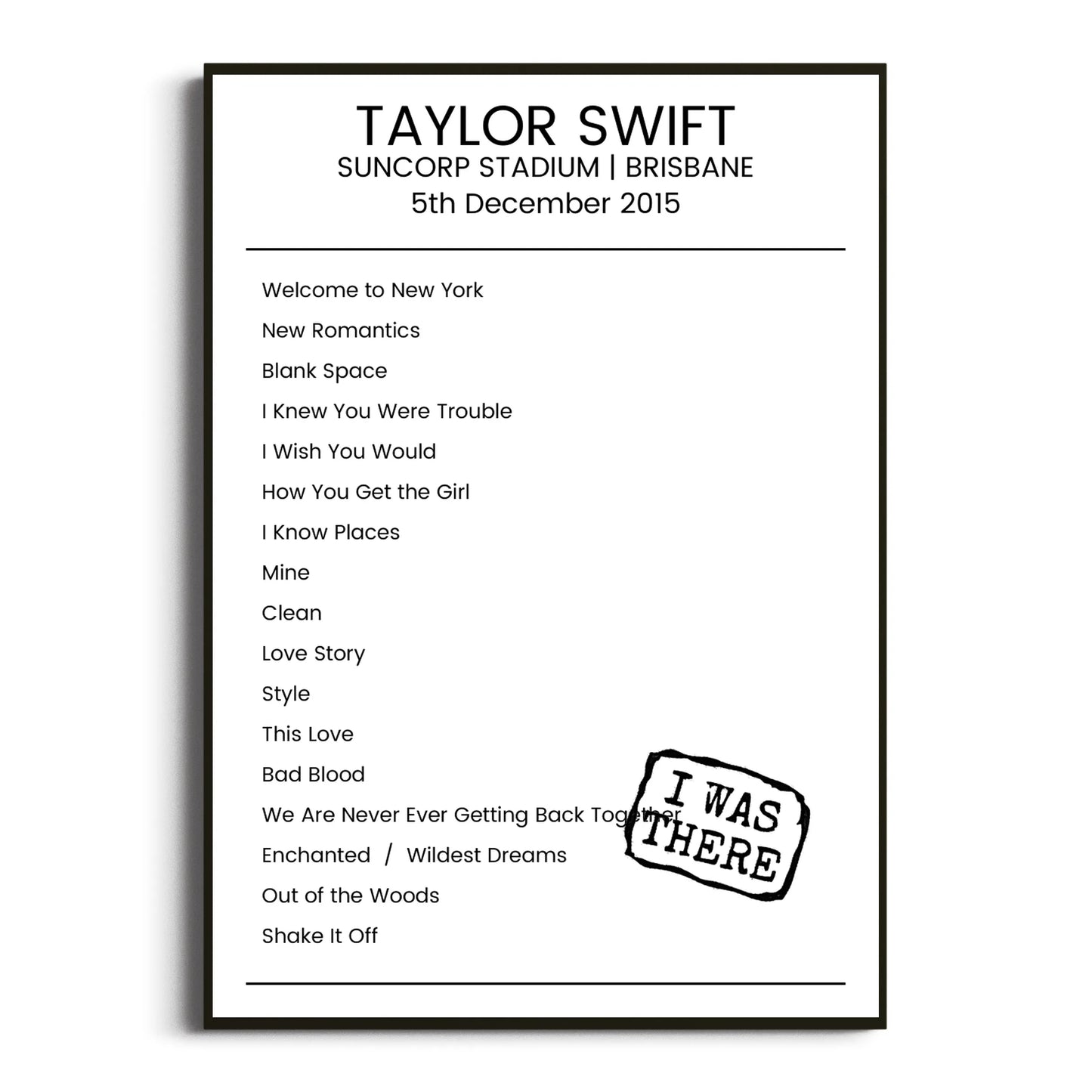 Taylor Swift Brisbane 05 December 2015 Setlist Poster