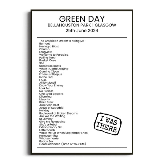 Green Day Glasgow 25 June 2024 Setlist Poster