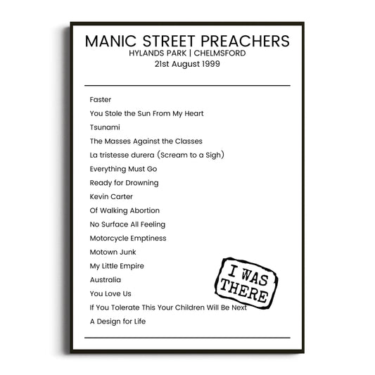 Manic Street Preachers Chelmsford 21 August 1999 Setlist Poster