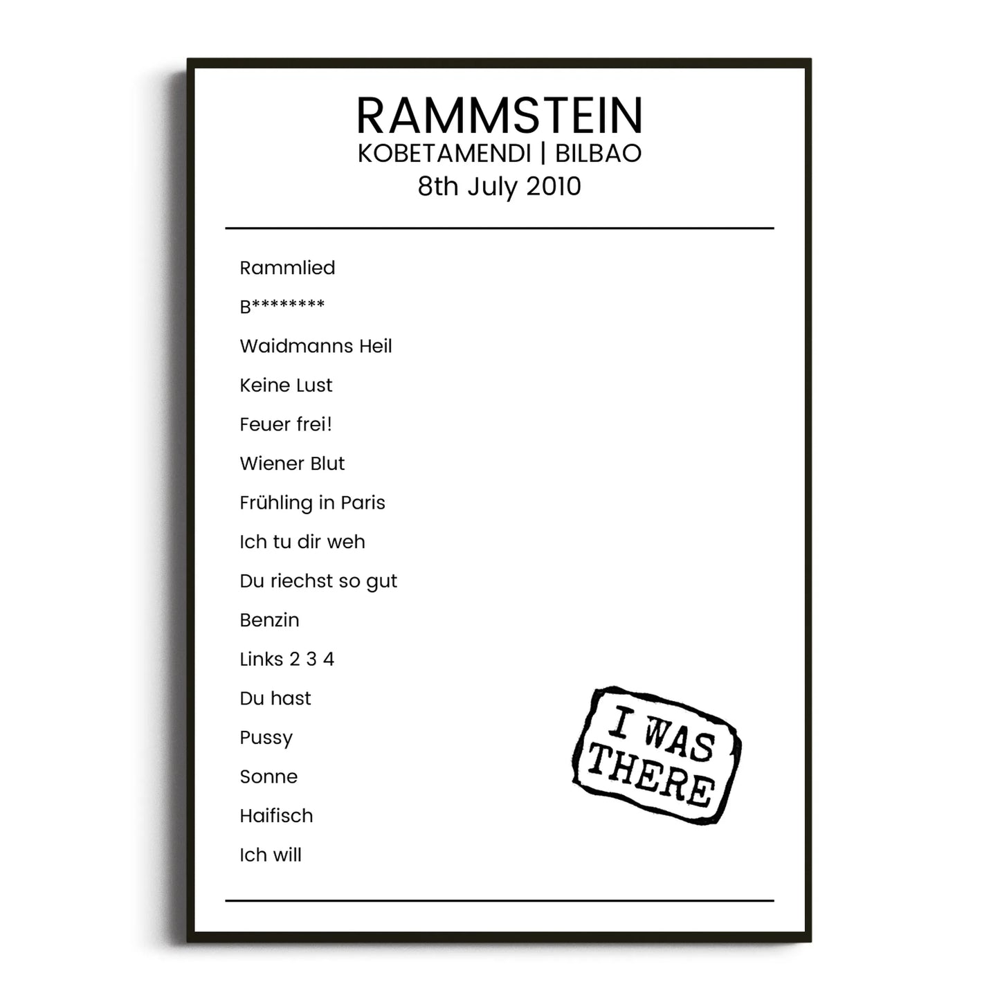 Rammstein Bilbao 08 July 2010 Setlist Poster