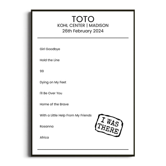 Toto Madison 26 February 2024 Setlist Poster