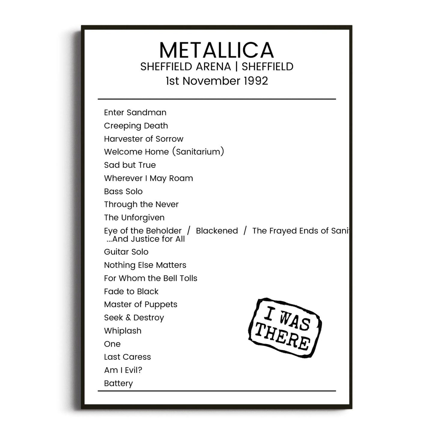 Metallica Sheffield 01 November 1992 Setlist Poster