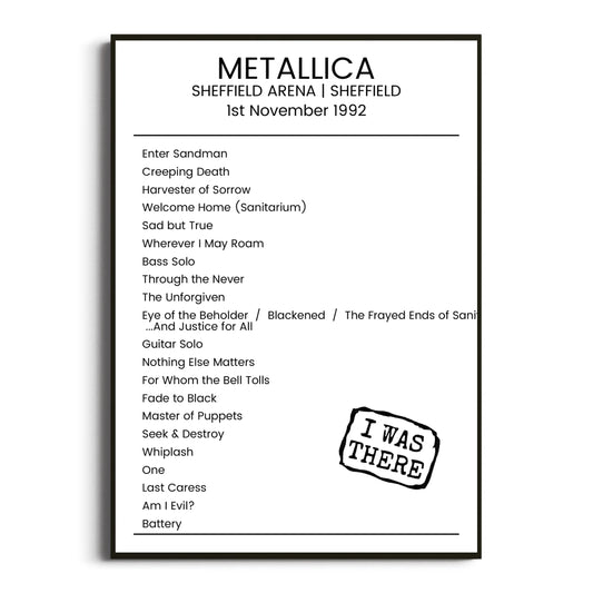 Metallica Sheffield 01 November 1992 Setlist Poster