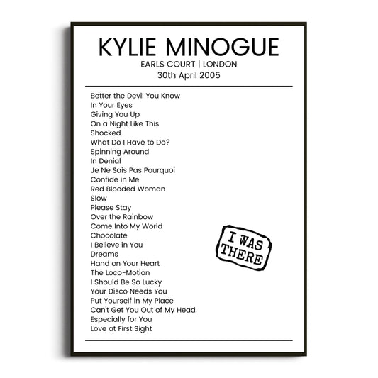 Kylie Minogue London 30 April 2005 Setlist Poster