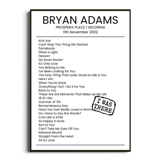 Bryan Adams Kelowna 11 November 2022 Setlist Poster