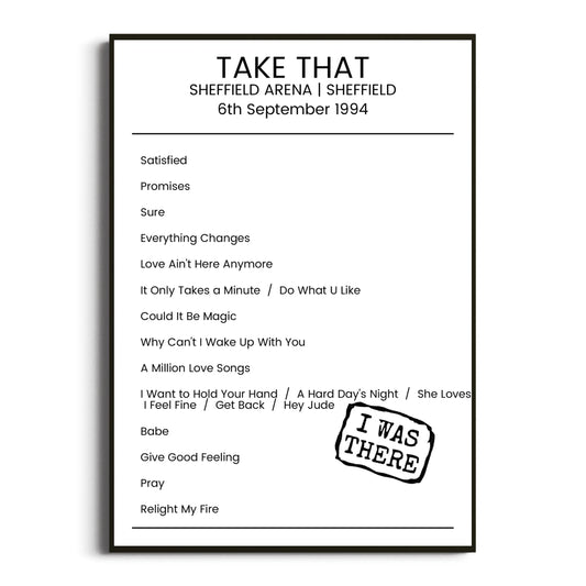 Take That Sheffield 06 September 1994 Setlist Poster