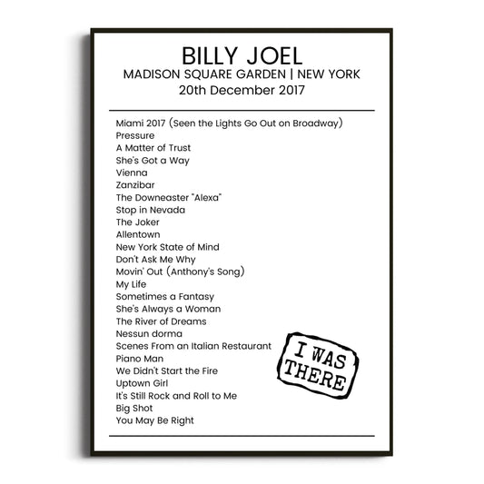 Billy Joel New York 20 December 2017 Setlist Poster