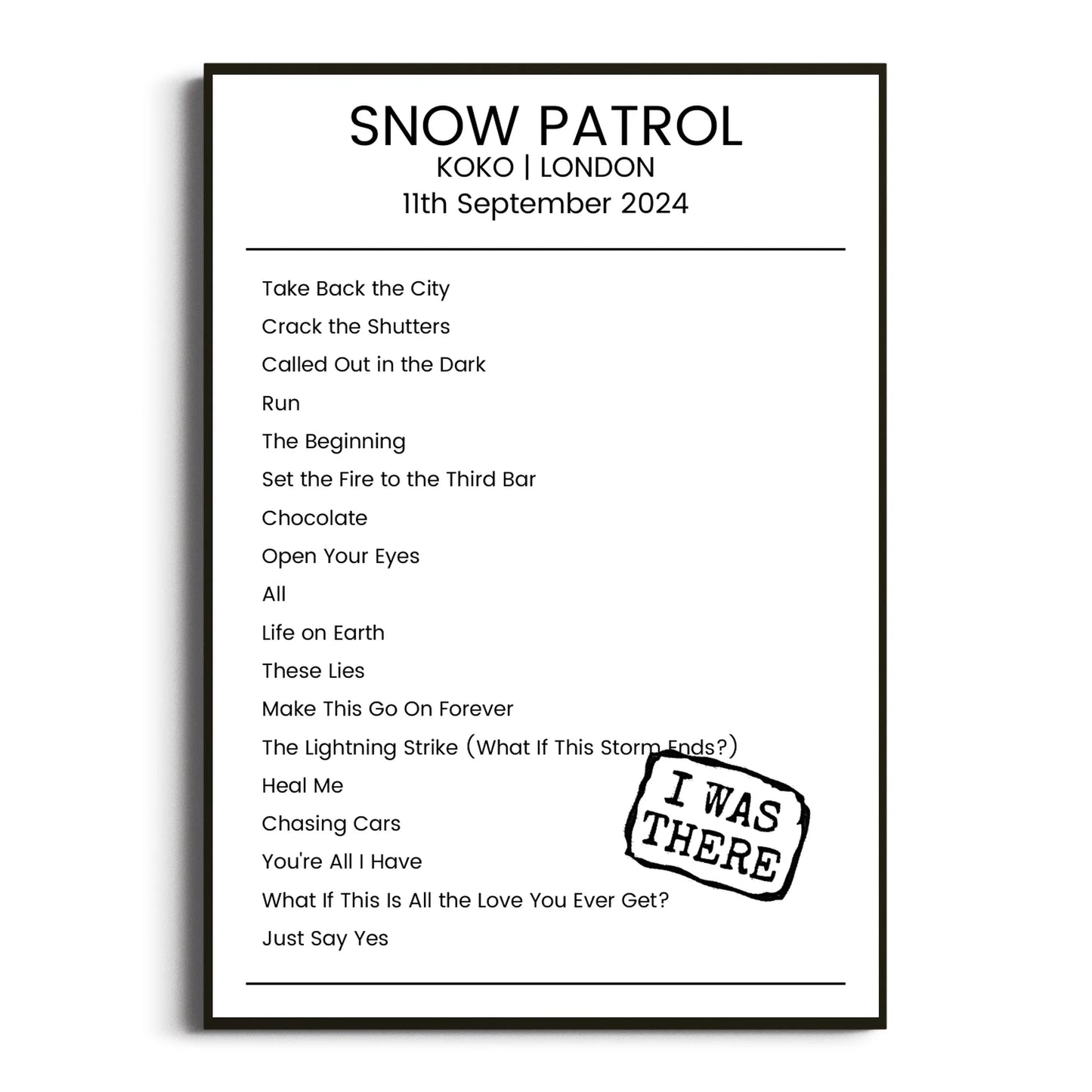 Snow Patrol London 11 September 2024 Setlist Poster