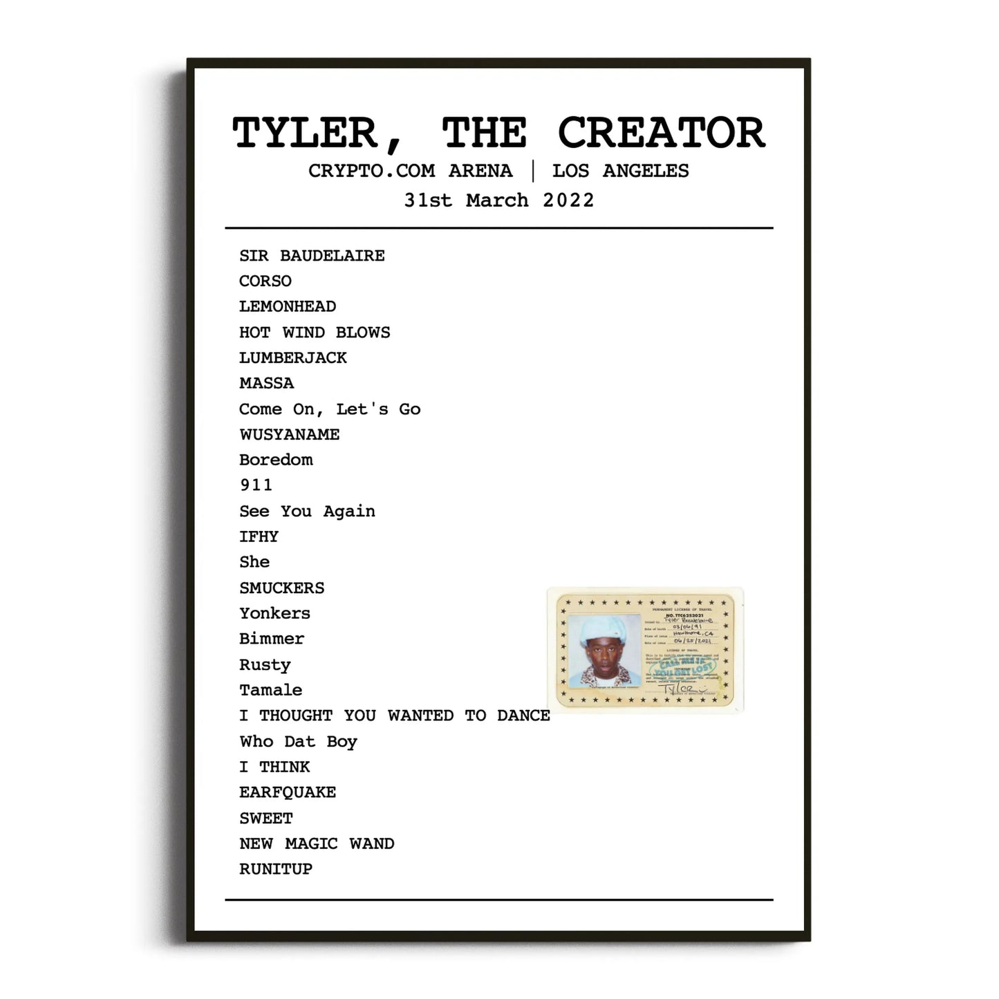 Tyler, The Creator Los Angeles 31 March 2022 Setlist Poster