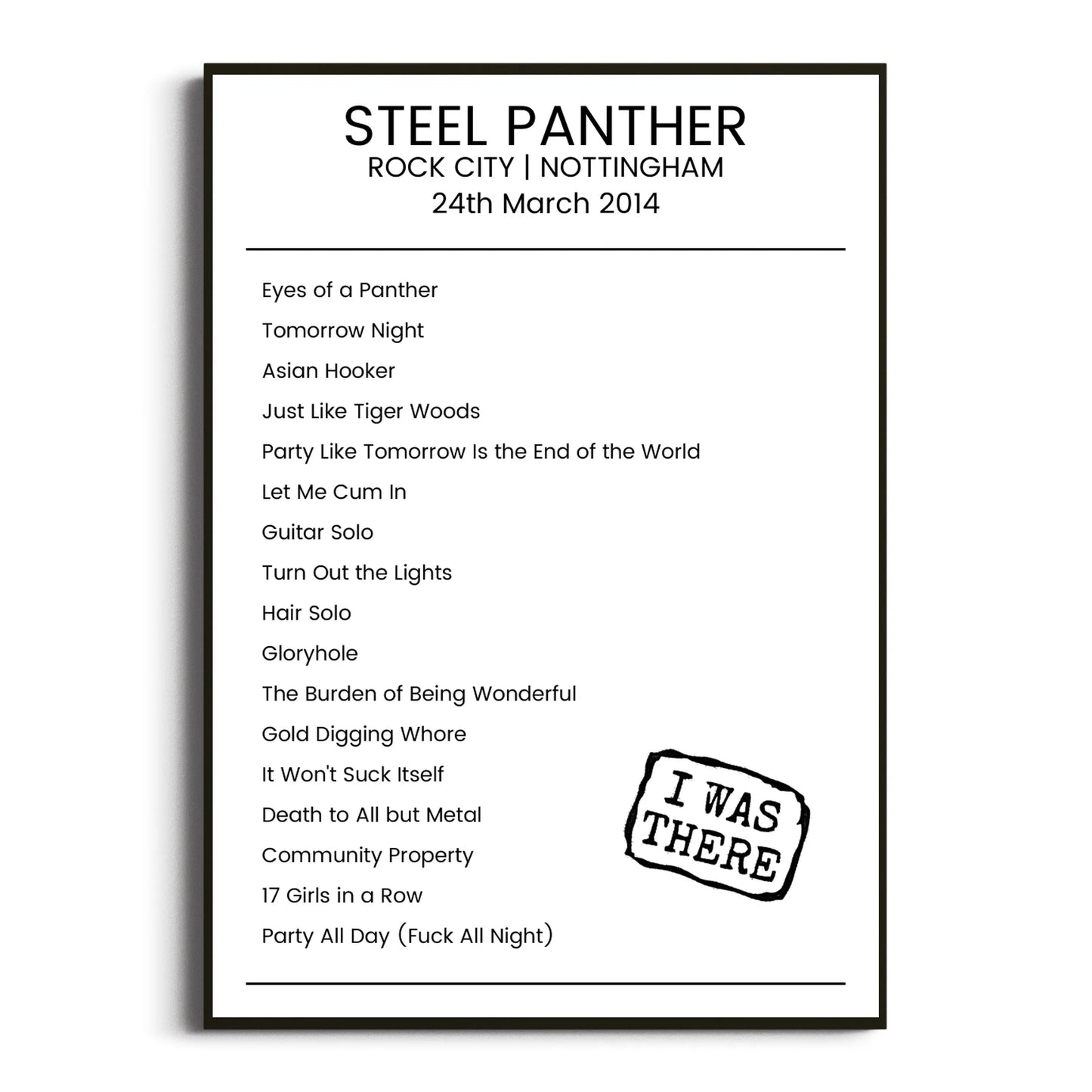 Steel Panther Nottingham 24 March 2014 Setlist Poster