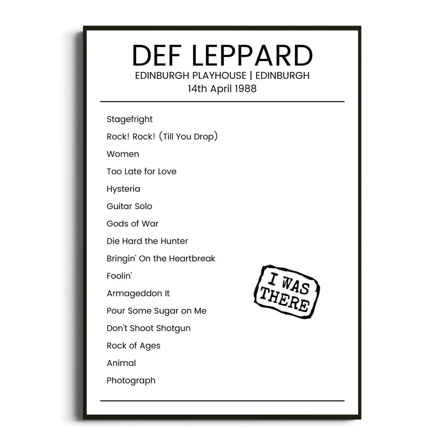 Def Leppard Edinburgh 14 April 1988 Setlist Poster