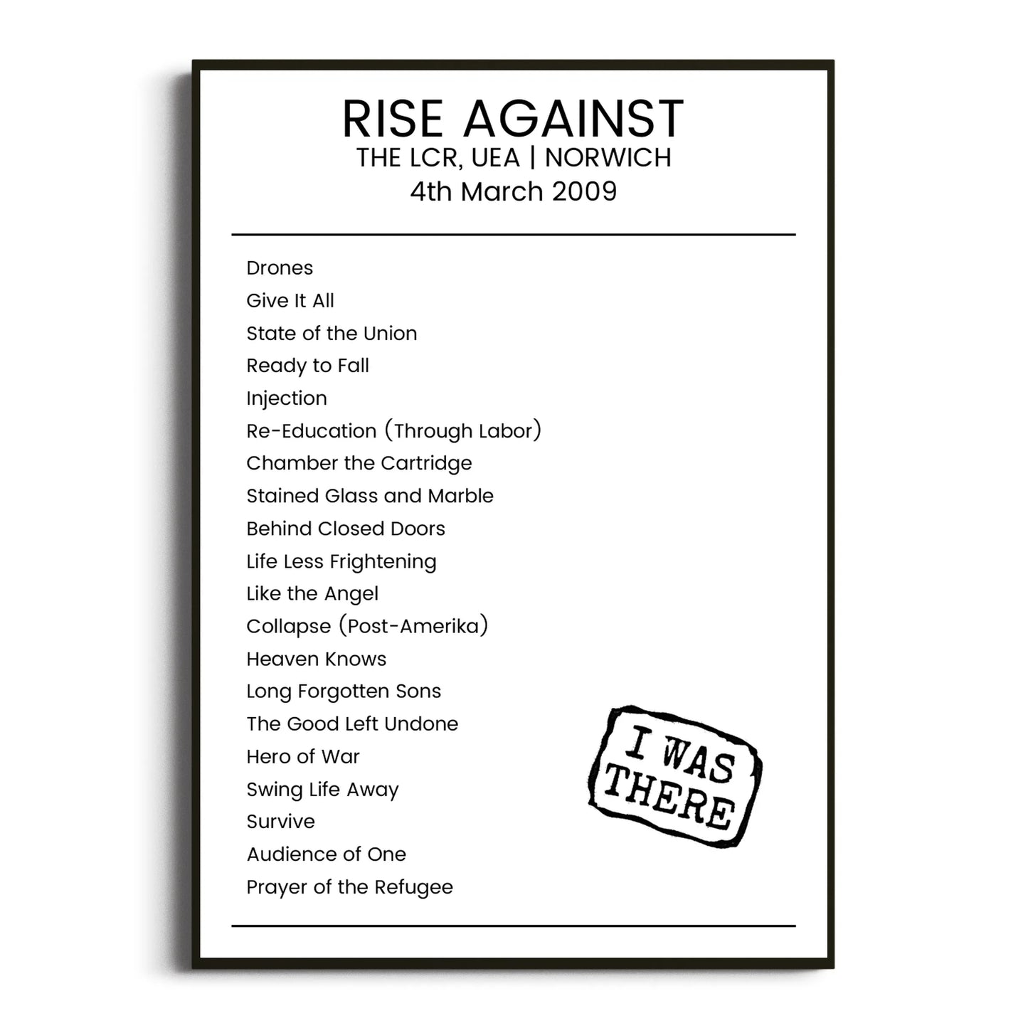 Rise Against Norwich 04 March 2009 Setlist Poster