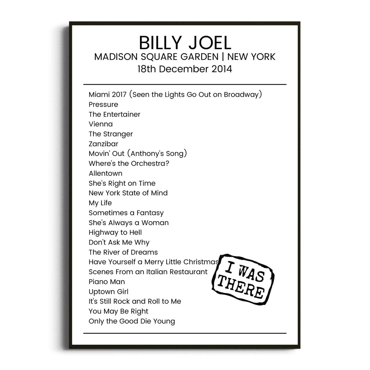 Billy Joel New York 18 December 2014 Setlist Poster