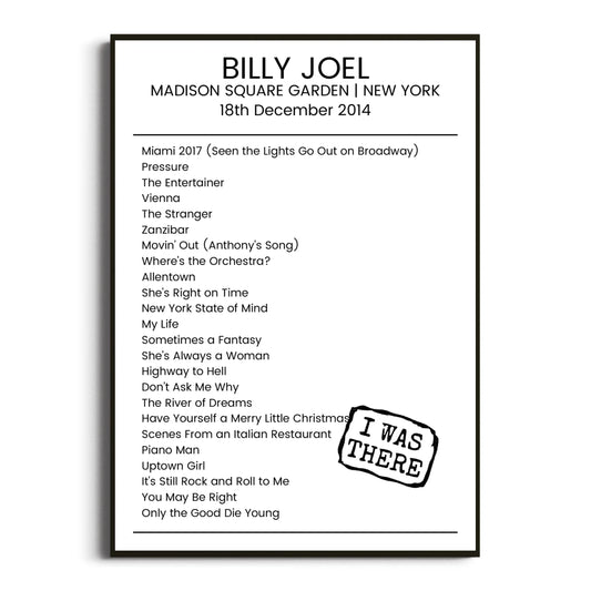 Billy Joel New York 18 December 2014 Setlist Poster