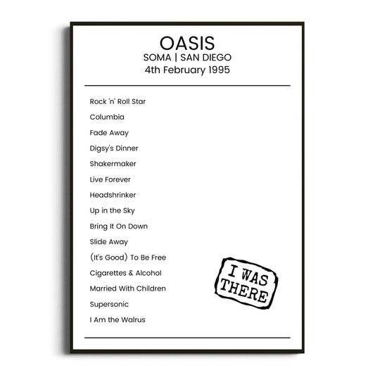 Oasis San Diego 04 February 1995 Setlist Poster