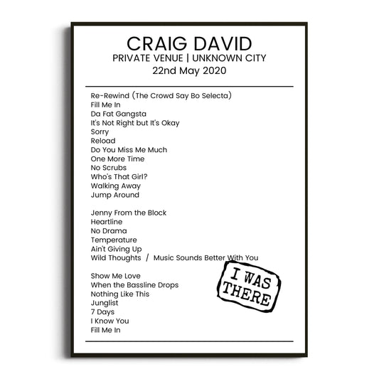 Craig David Unknown City 22 May 2020 Setlist Poster