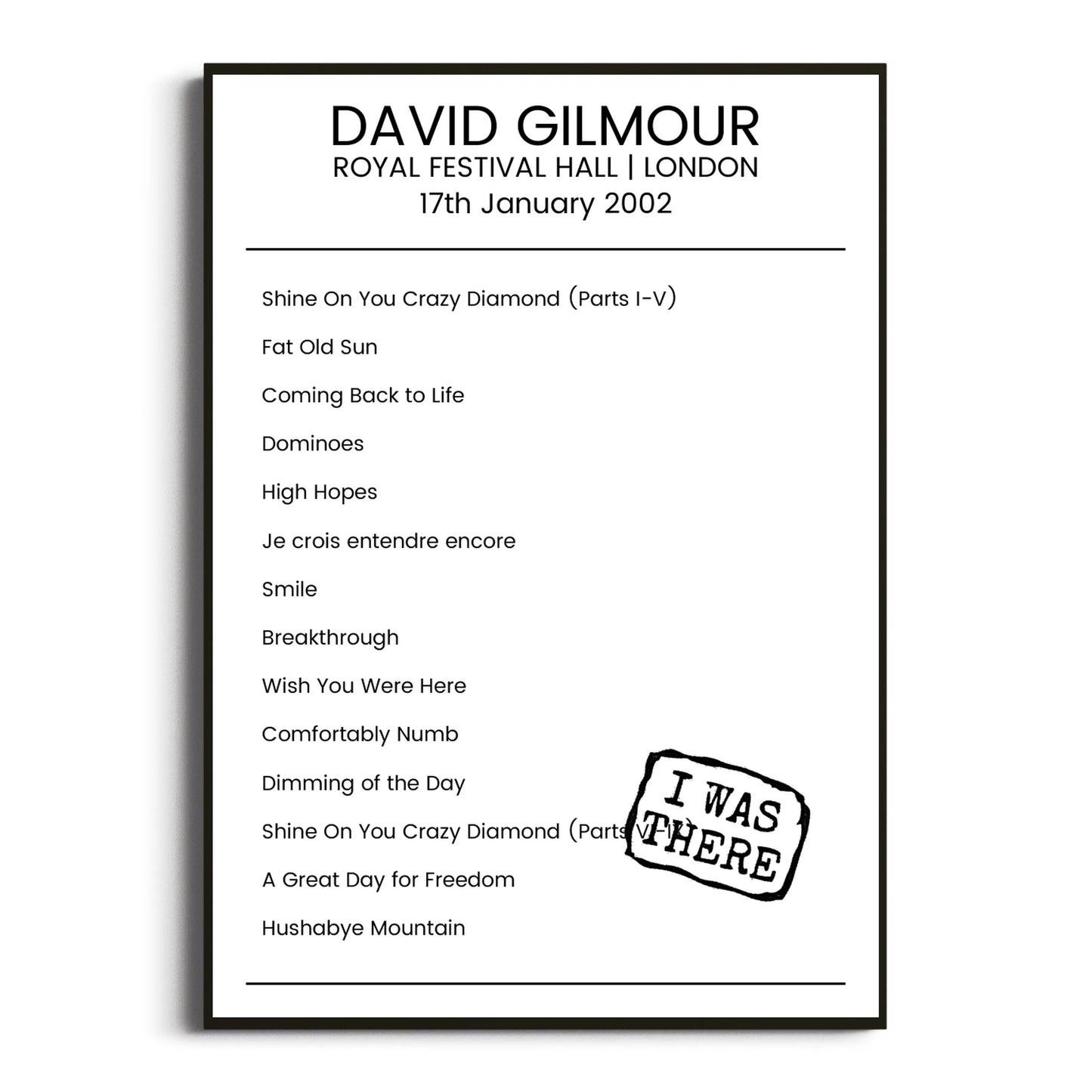 David Gilmour London 17 January 2002 Setlist Poster