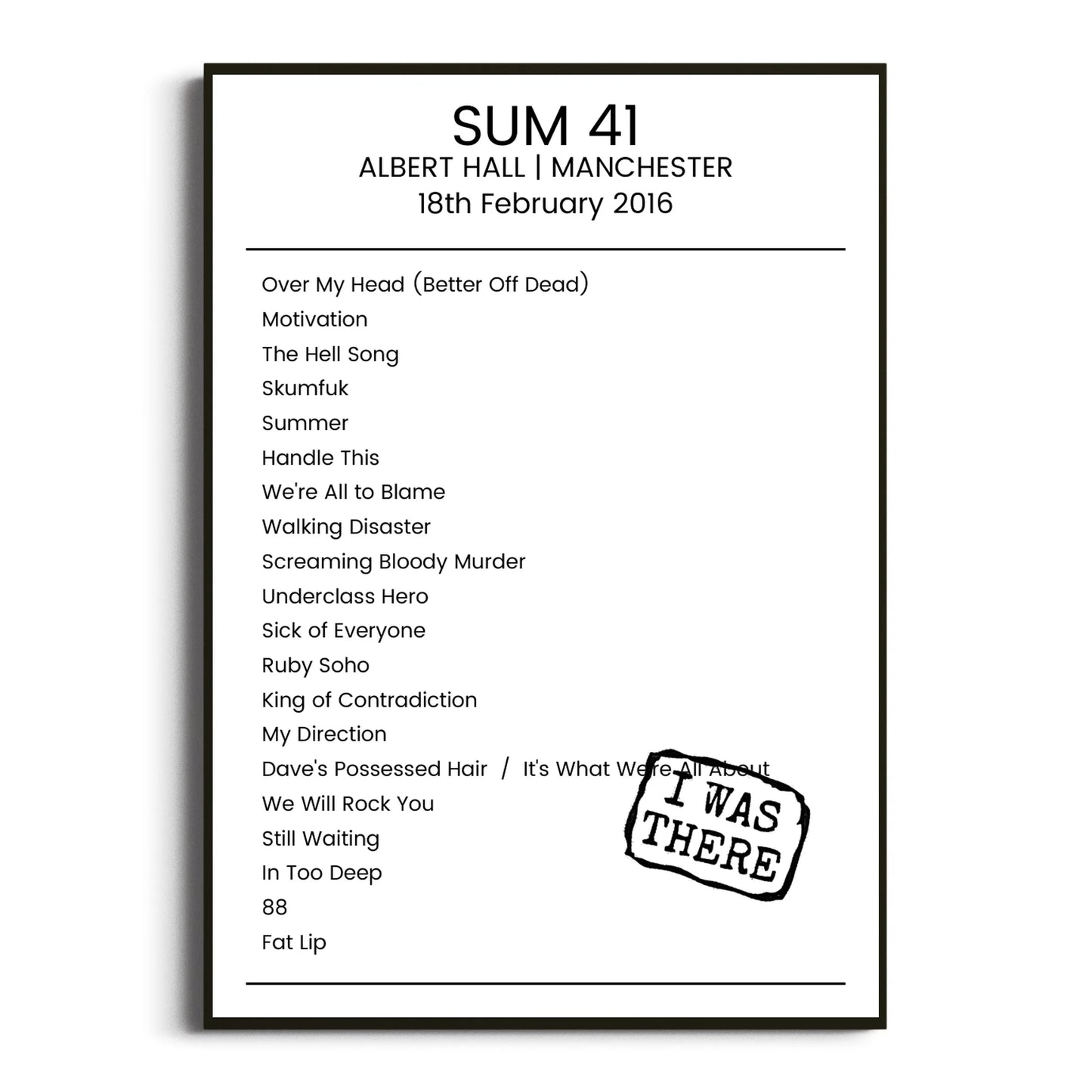 Sum 41 Manchester 18 February 2016 Setlist Poster