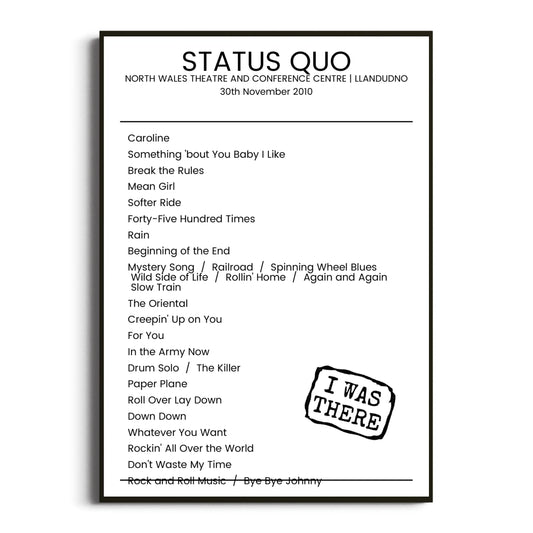 Status Quo Llandudno 30 November 2010 Setlist Poster