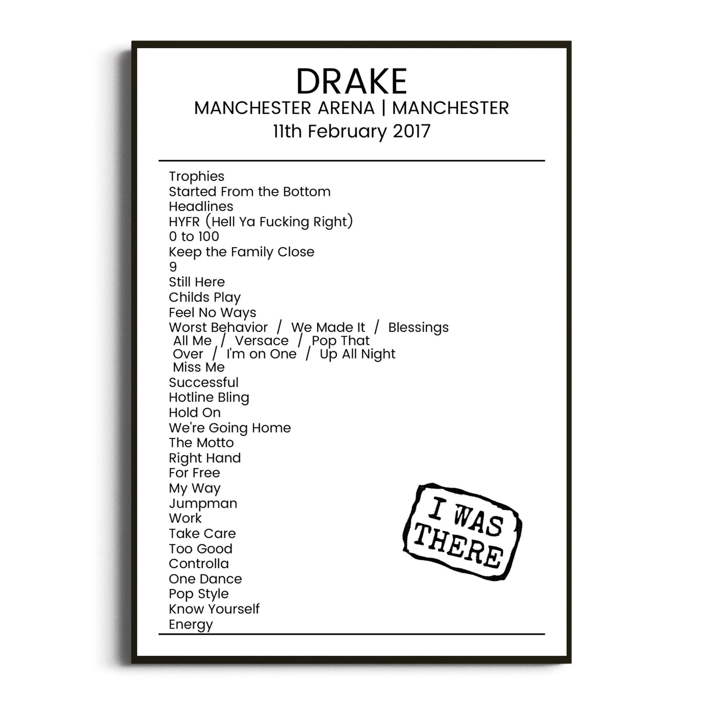 Drake Manchester 11 February 2017 Setlist Poster