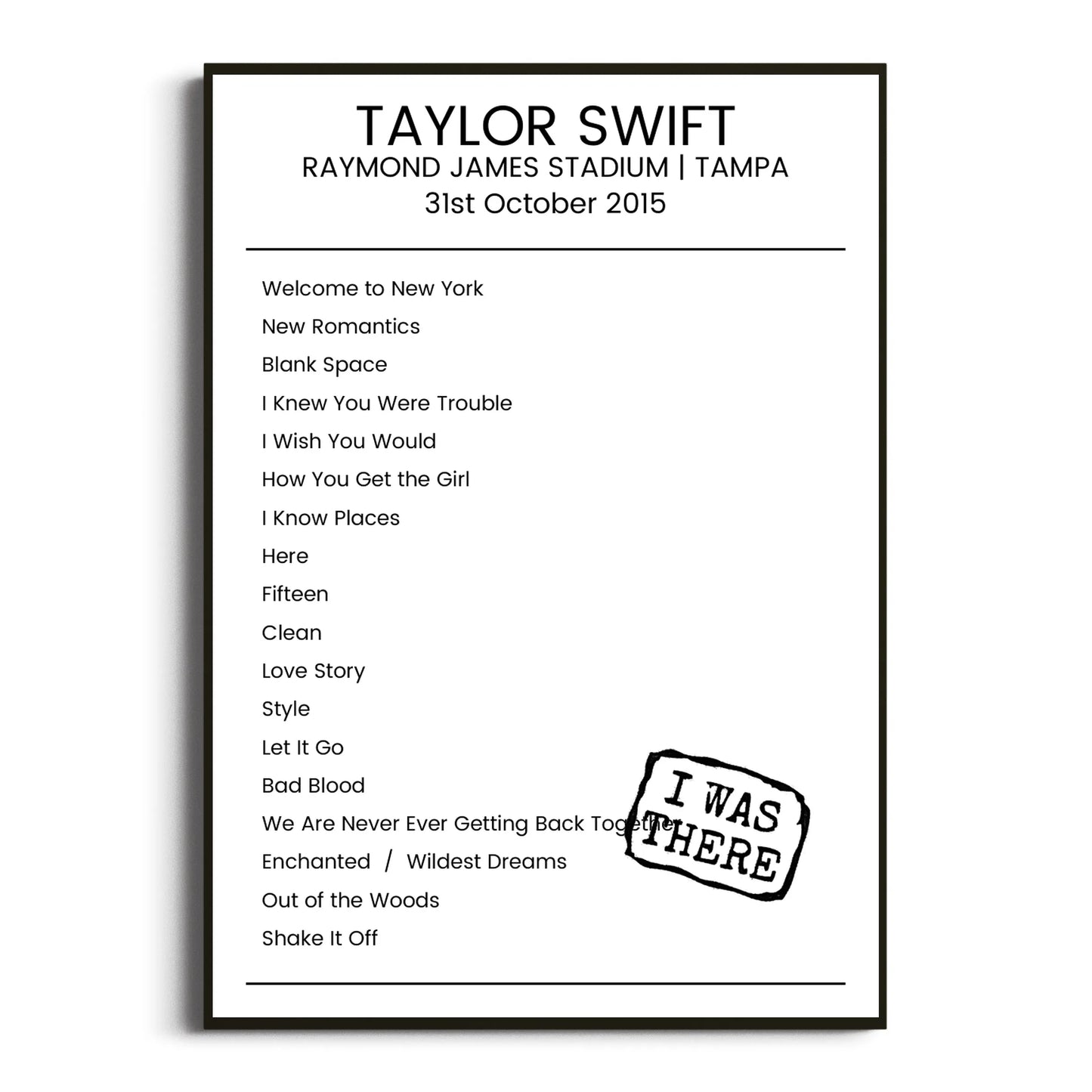 Taylor Swift Tampa 31 October 2015 Setlist Poster