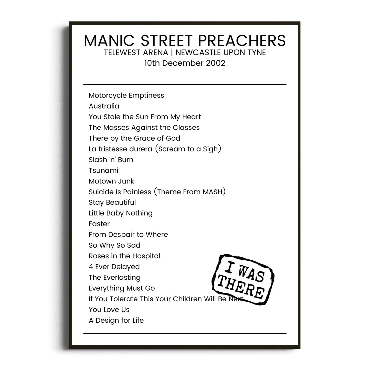 Manic Street Preachers Newcastle upon Tyne 10 December 2002 Setlist Poster