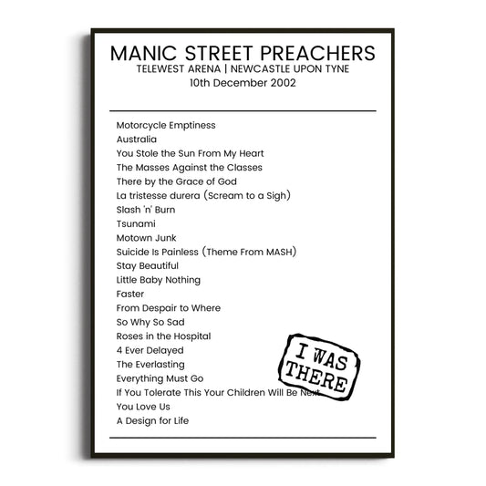 Manic Street Preachers Newcastle upon Tyne 10 December 2002 Setlist Poster