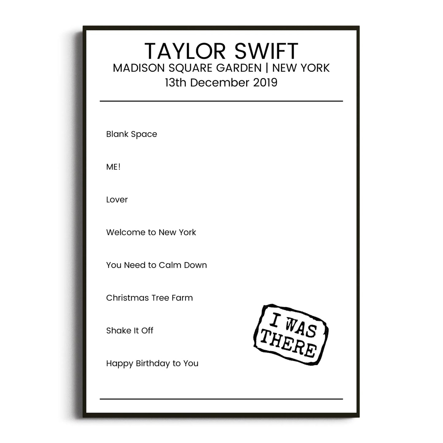 Taylor Swift New York 13 December 2019 Setlist Poster