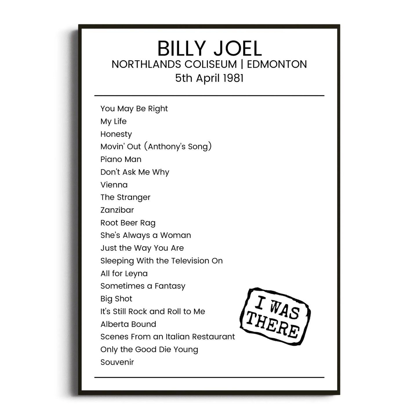 Billy Joel Edmonton 05 April 1981 Setlist Poster