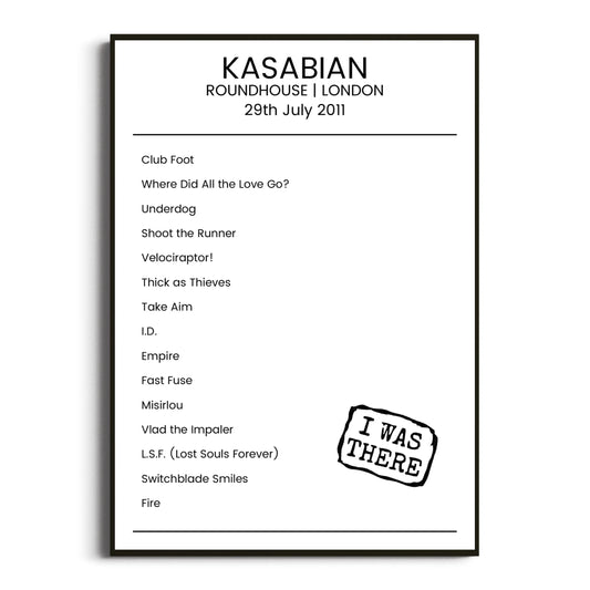 Kasabian London 29 July 2011 Setlist Poster