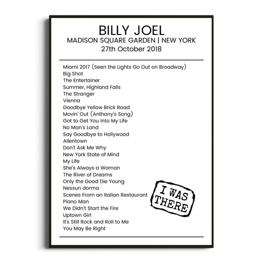 Billy Joel New York 27 October 2018 Setlist Poster