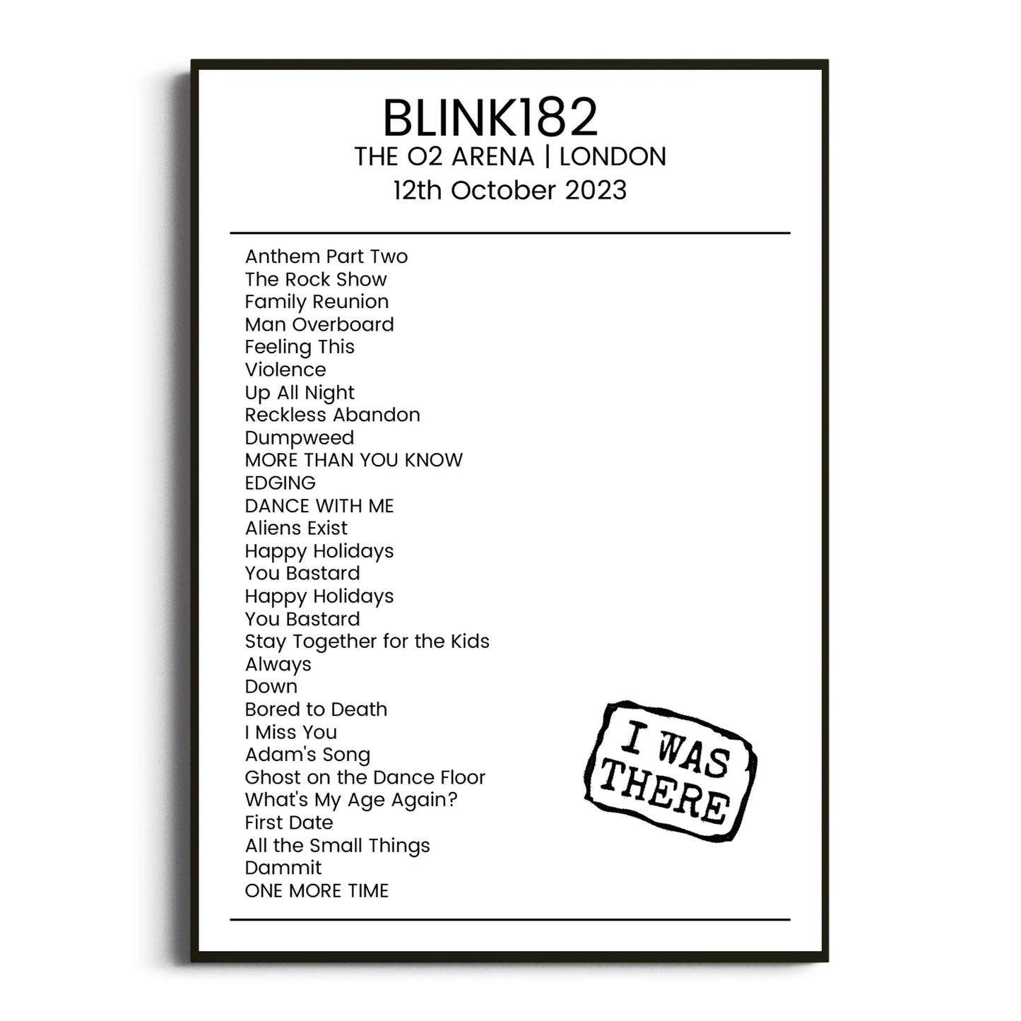 blink‐182 London 12 October 2023 Setlist Poster